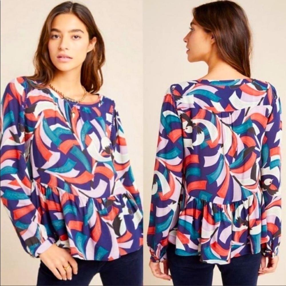 Maeve by Anthropologie Cheyenne Peplum Birds Print Blouse Size Medium
